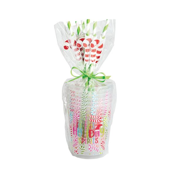 Packaged colorful straws with a decorative bow on a white background