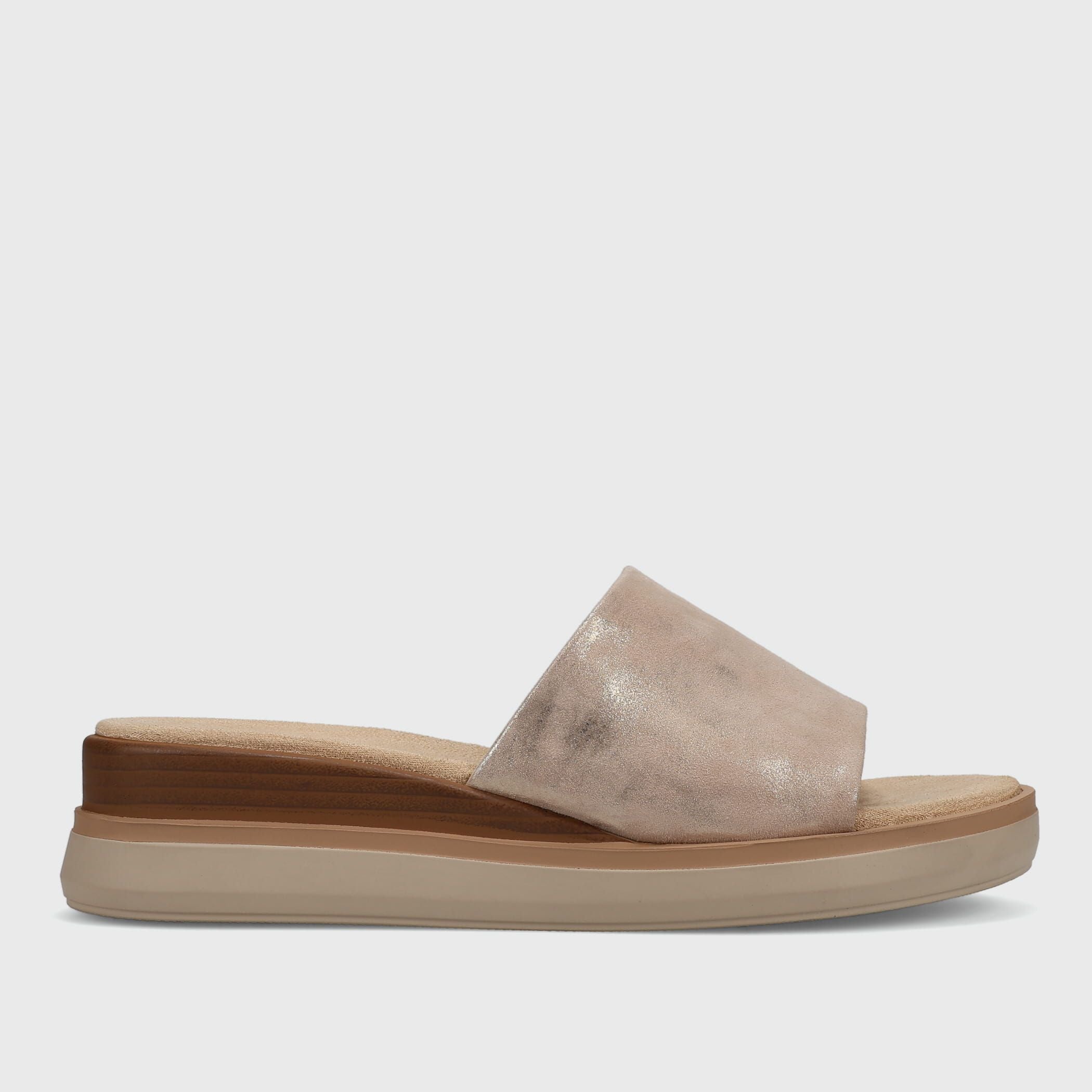 Beige sandal with wooden sole on a light gray background