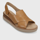Tan sandal on a light gray background