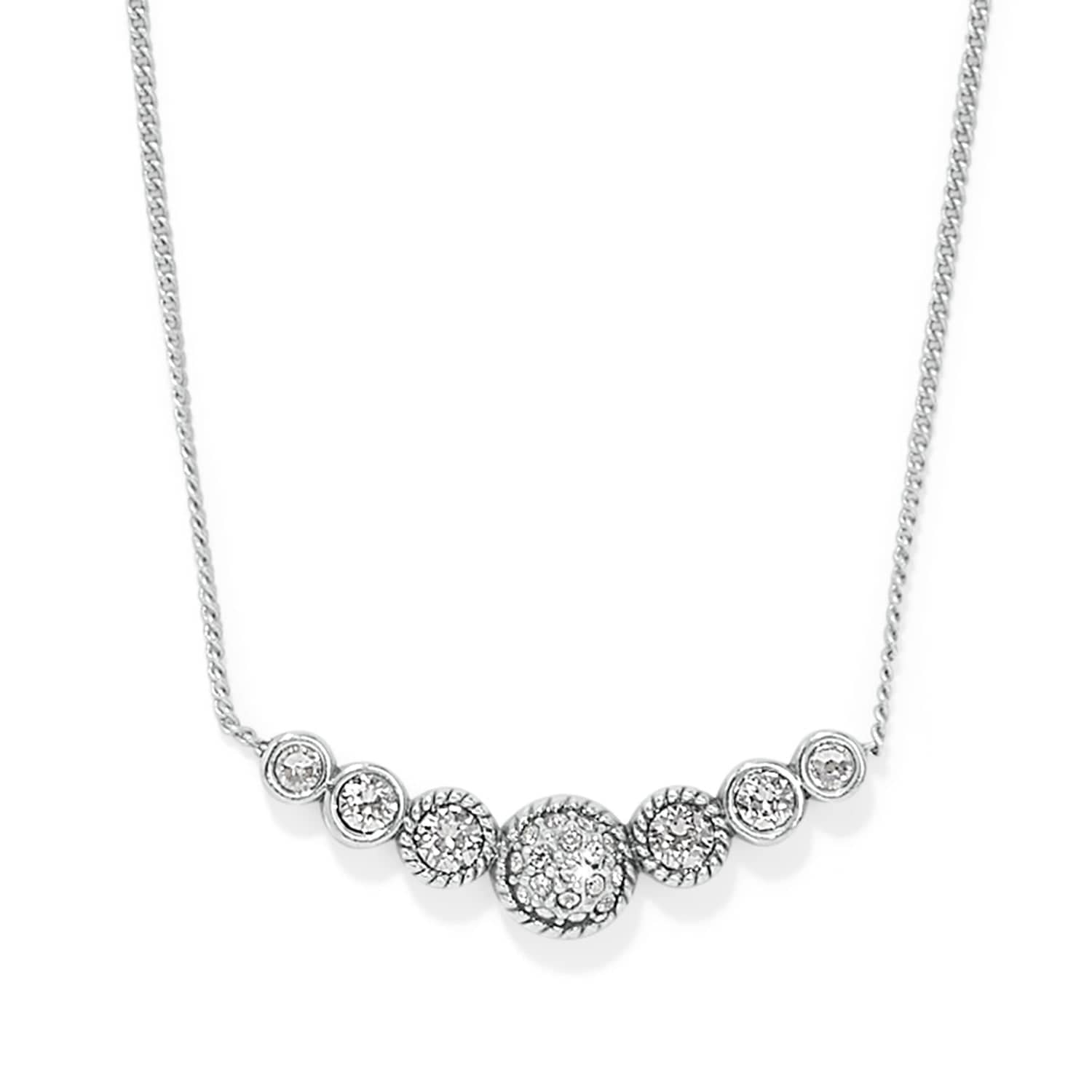 Silver necklace with circular pendants on a white background