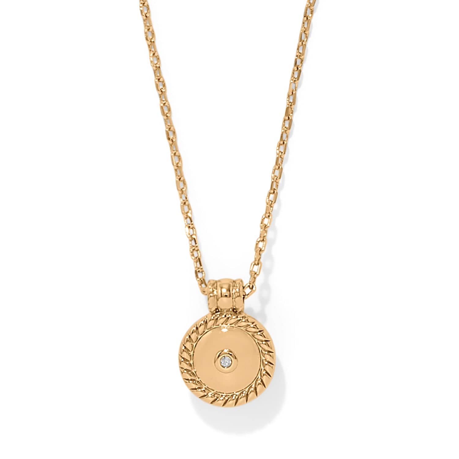 Gold necklace with a round pendant on a white background