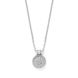 Silver necklace with a round pendant on a white background