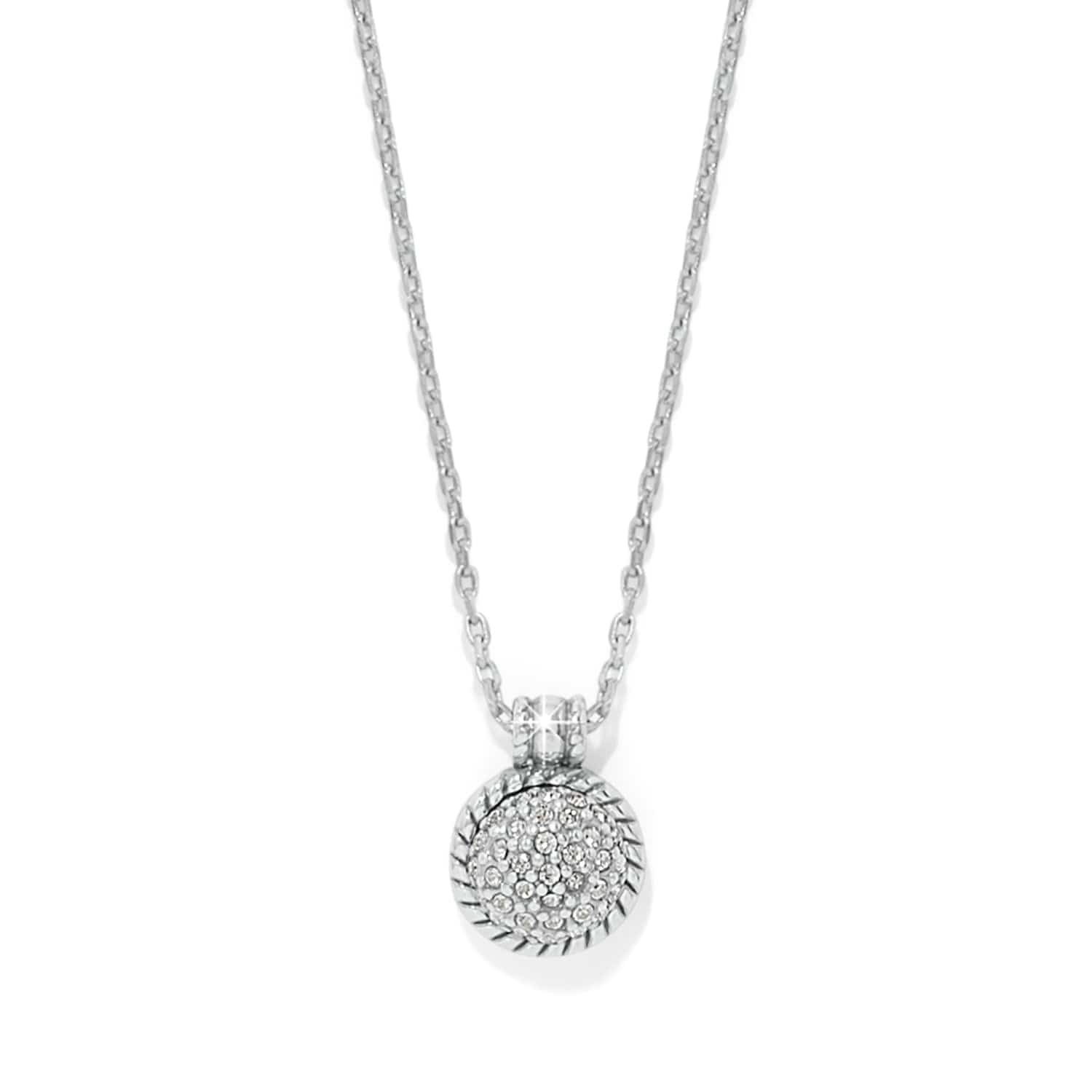 Silver necklace with a round pendant on a white background