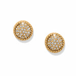 Gold earrings with crystal embellishments on a white background