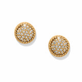 Gold earrings with crystal embellishments on a white background