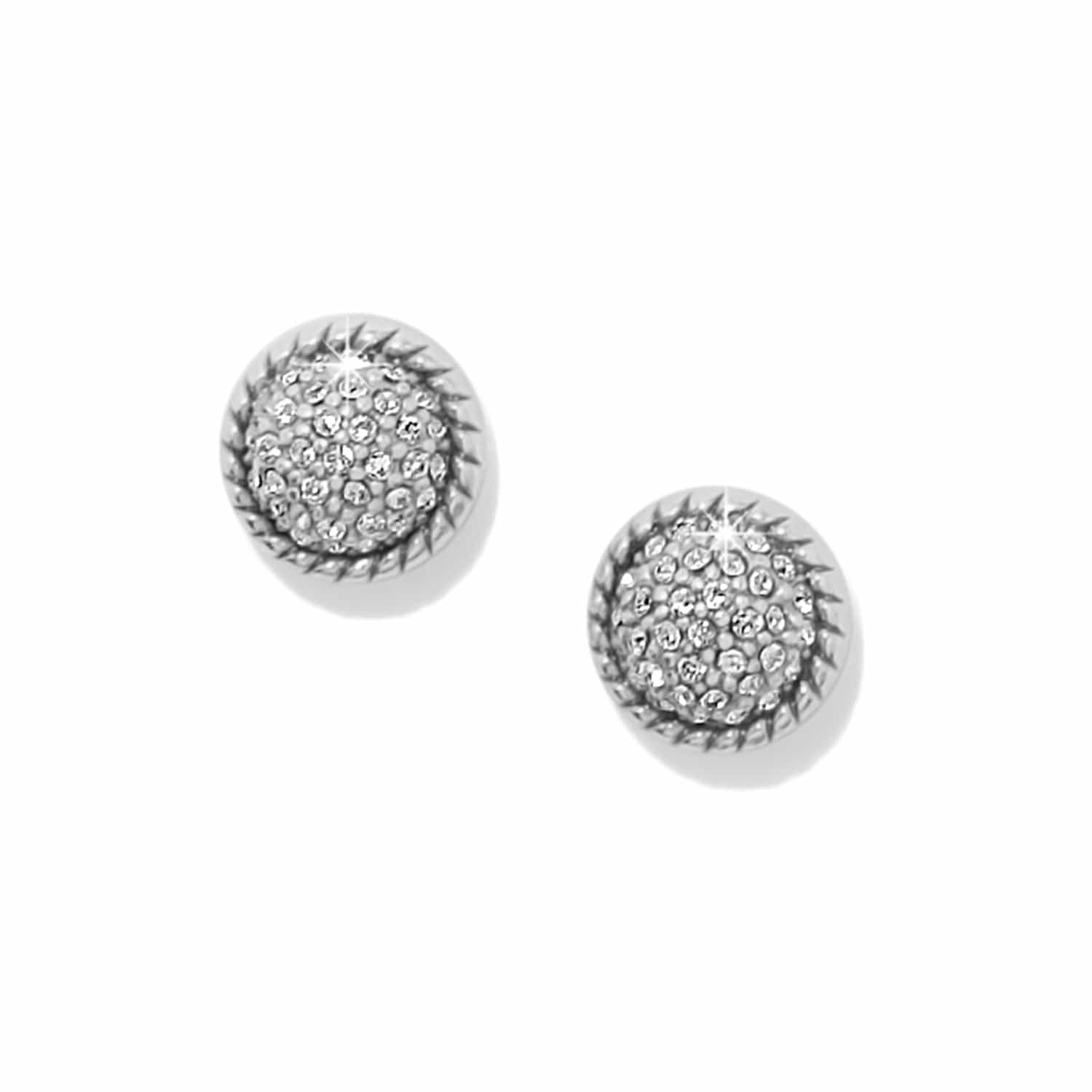 Pair of silver round earrings with clear gemstones on a white background