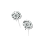 Pair of silver earrings with circular design on a white background