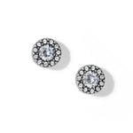 A pair of silver post earrings with a central cubic zirconia surrounded by smaller clear crystals.