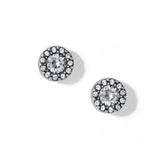 A pair of silver post earrings with a central cubic zirconia surrounded by smaller clear crystals.