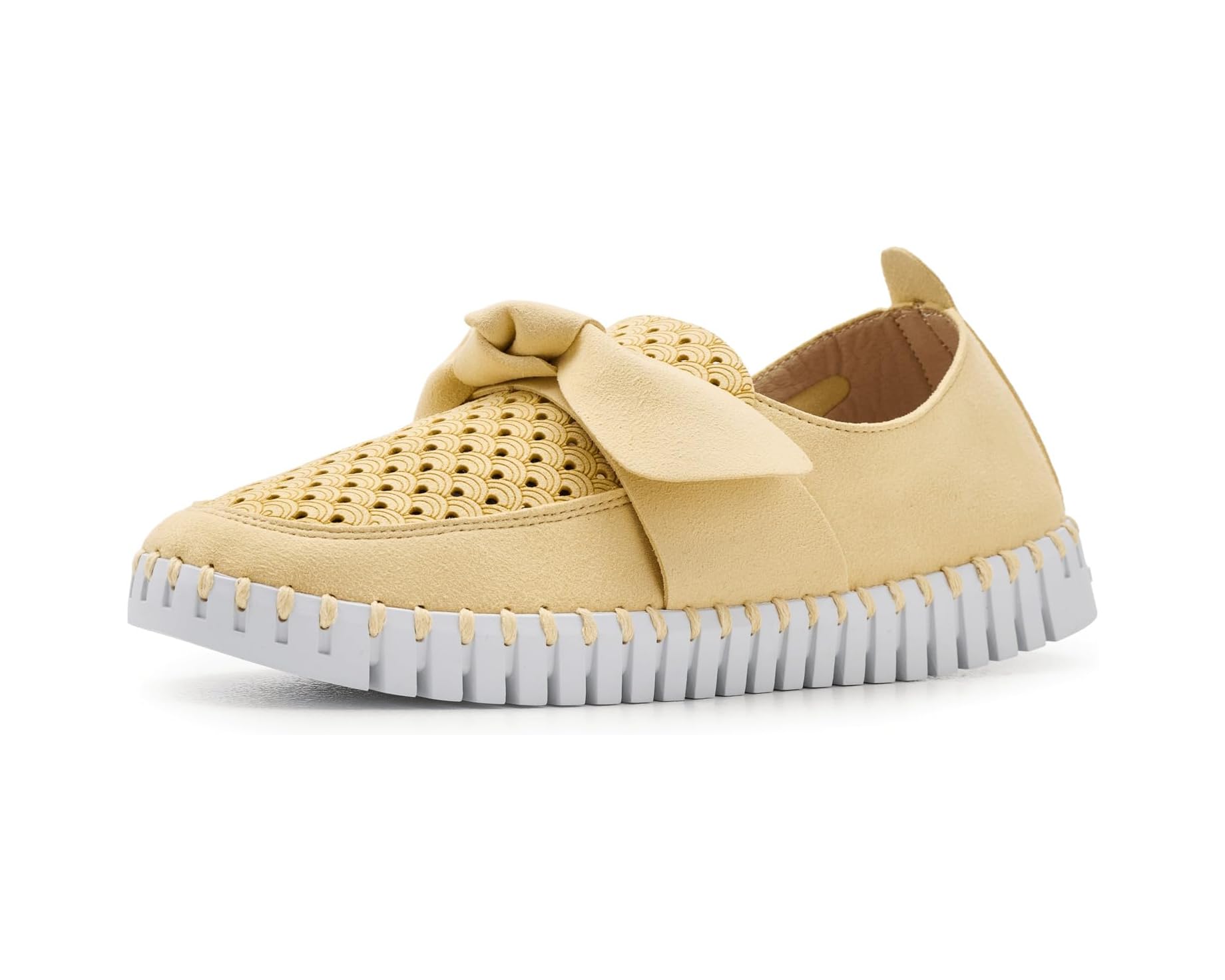 Yellow sneaker with a bow on a white background