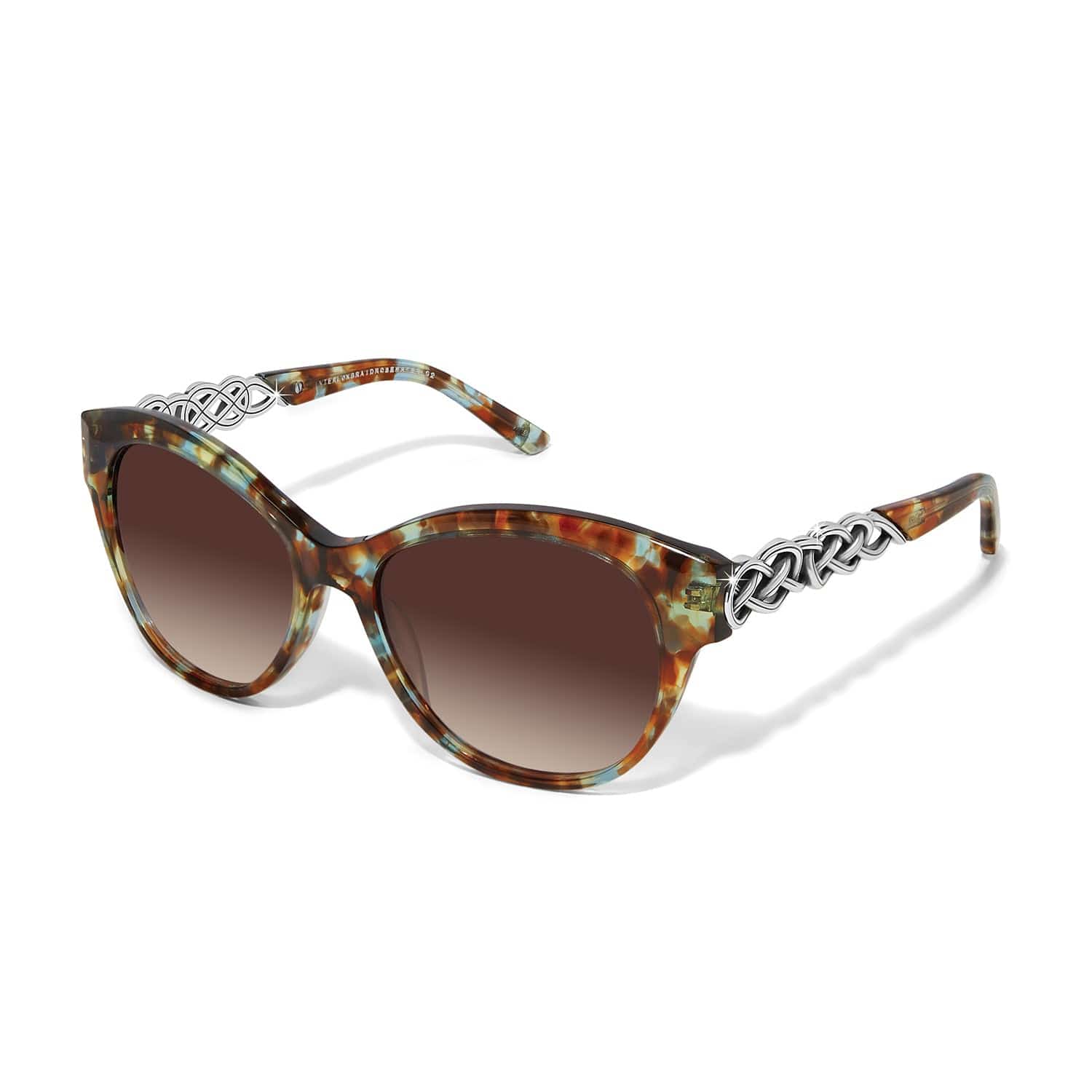 Sunglasses with tortoiseshell frame and gradient lenses on a white background