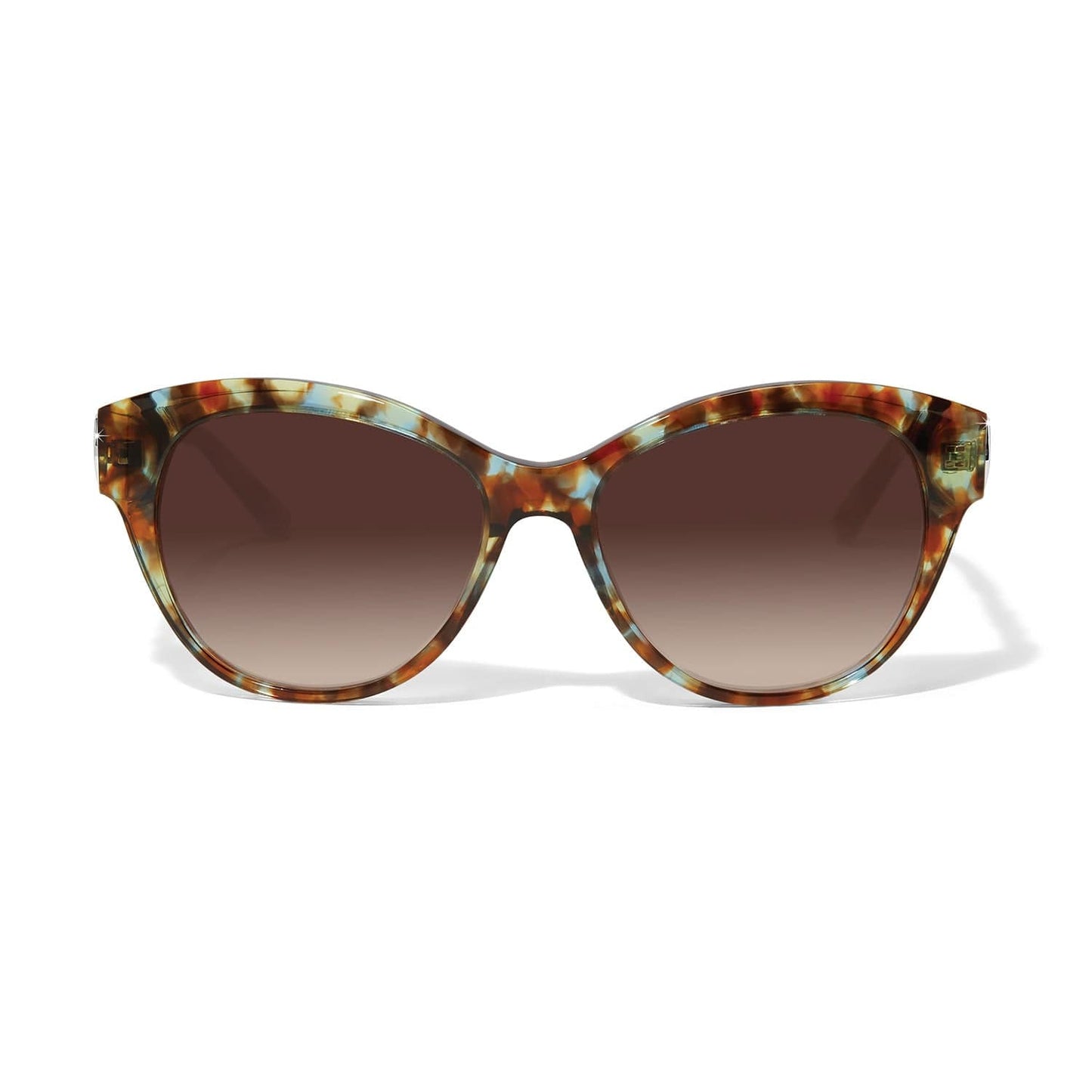 Sunglasses with tortoiseshell frame and brown gradient lenses on a white background