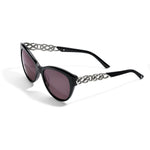 Black cat-eye sunglasses with silver chain design on a white background