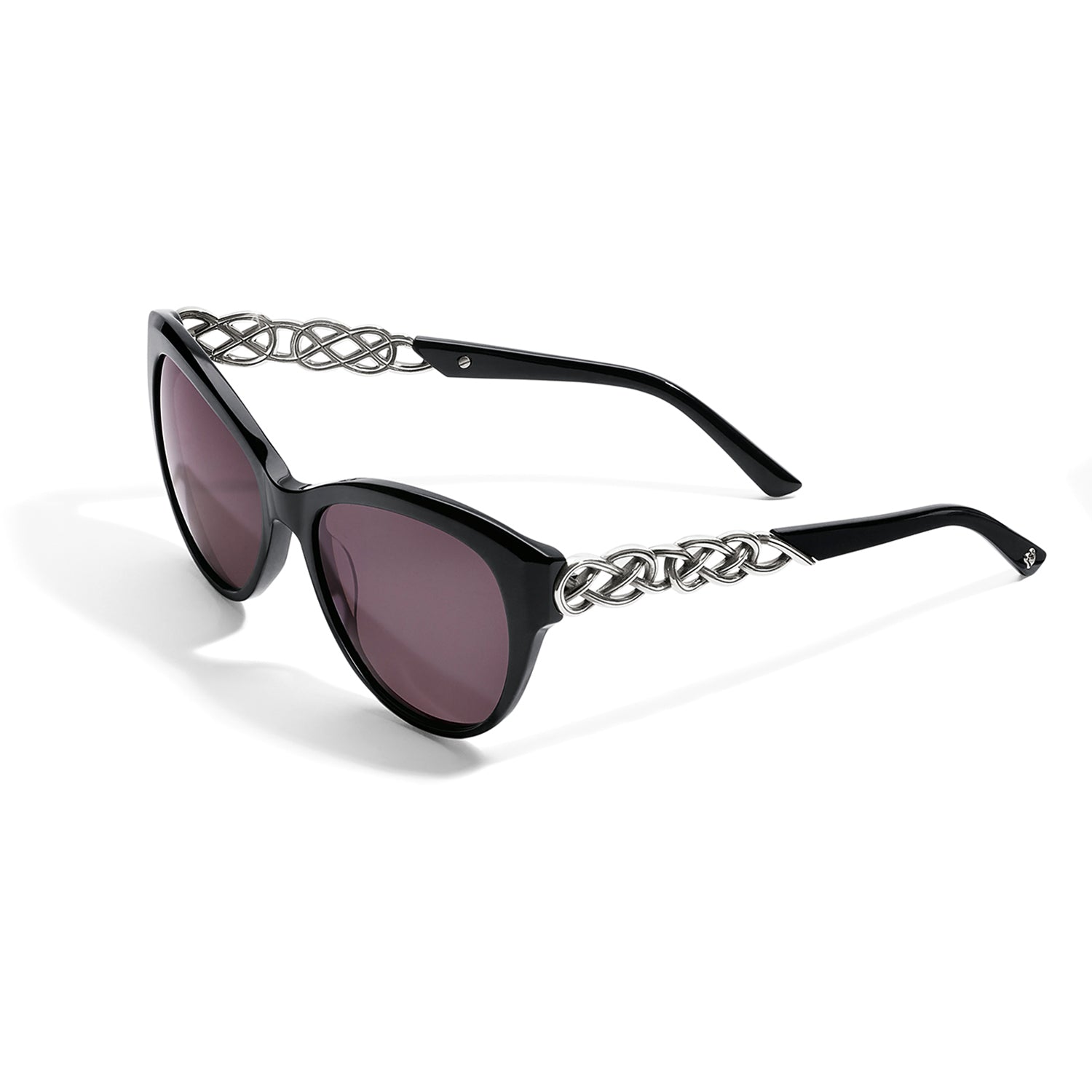 Black cat-eye sunglasses with silver chain design on a white background