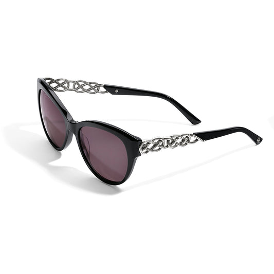 Black cat-eye sunglasses with silver chain design on a white background