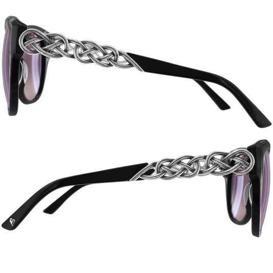 Sunglasses with braided metal arms on a white background