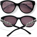 Black cat-eye sunglasses with chain details on a white background