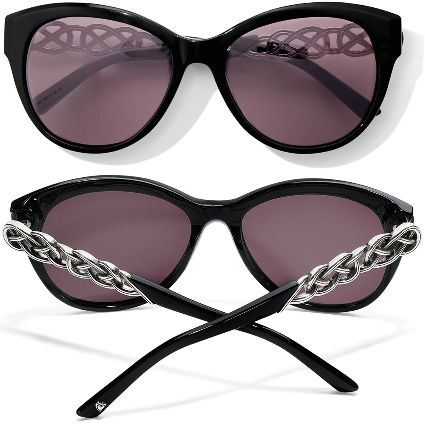 Black cat-eye sunglasses with chain details on a white background