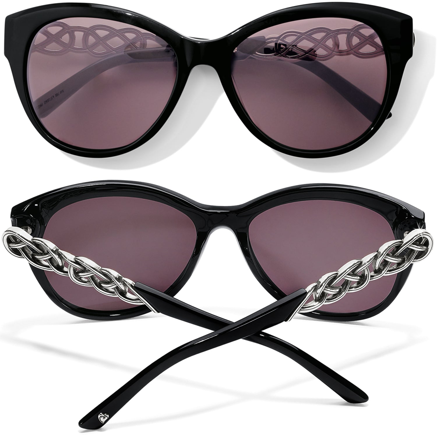 Black cat-eye sunglasses with chain details on a white background