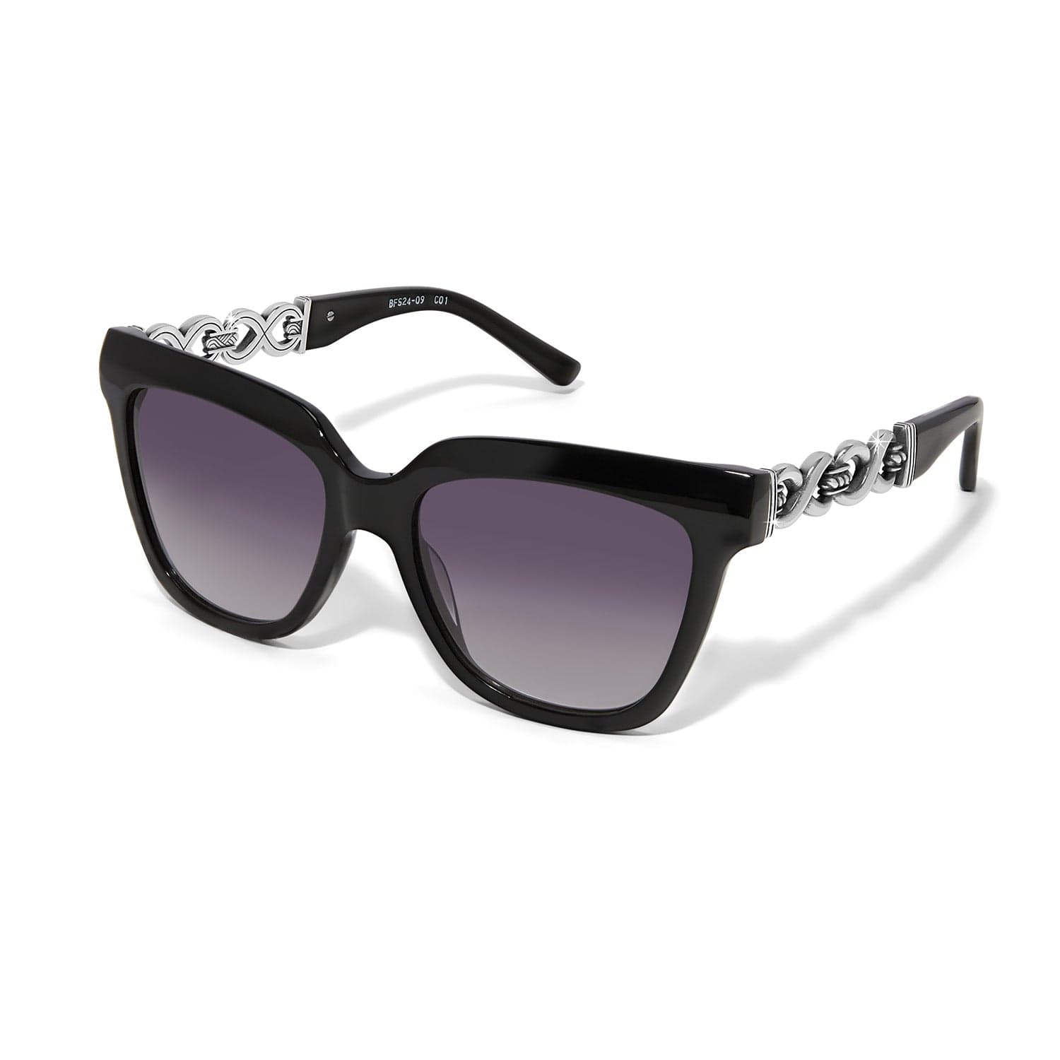 Black sunglasses with decorative metal frame on a white background