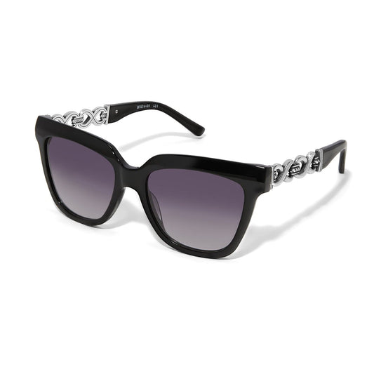 Black sunglasses with decorative metal frame on a white background