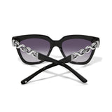 Black cat-eye sunglasses with chain details on a white background