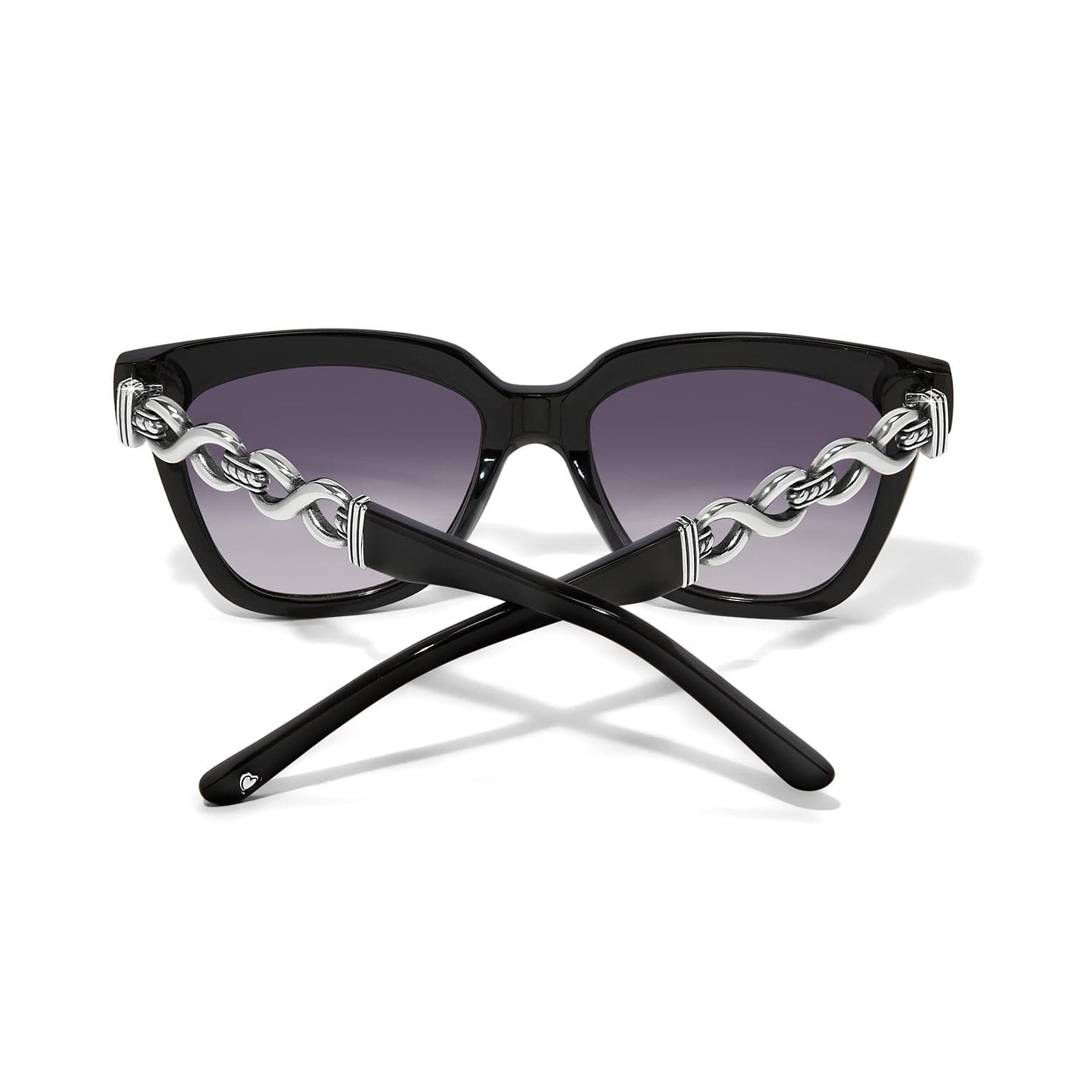 Black cat-eye sunglasses with chain details on a white background