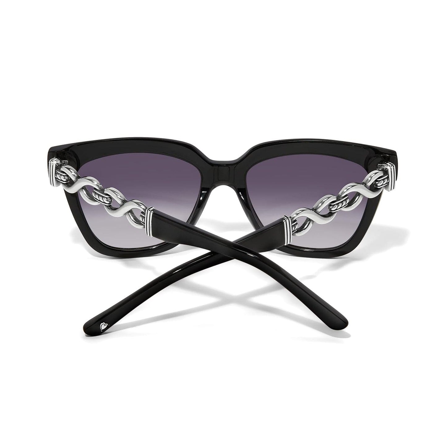 Black cat-eye sunglasses with chain details on a white background
