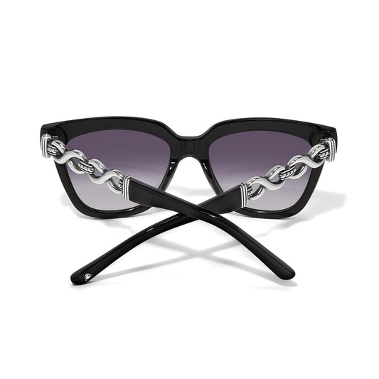 Black cat-eye sunglasses with chain details on a white background