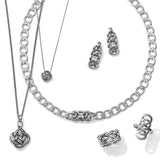 Silver jewelry set including necklaces and earrings on a white background