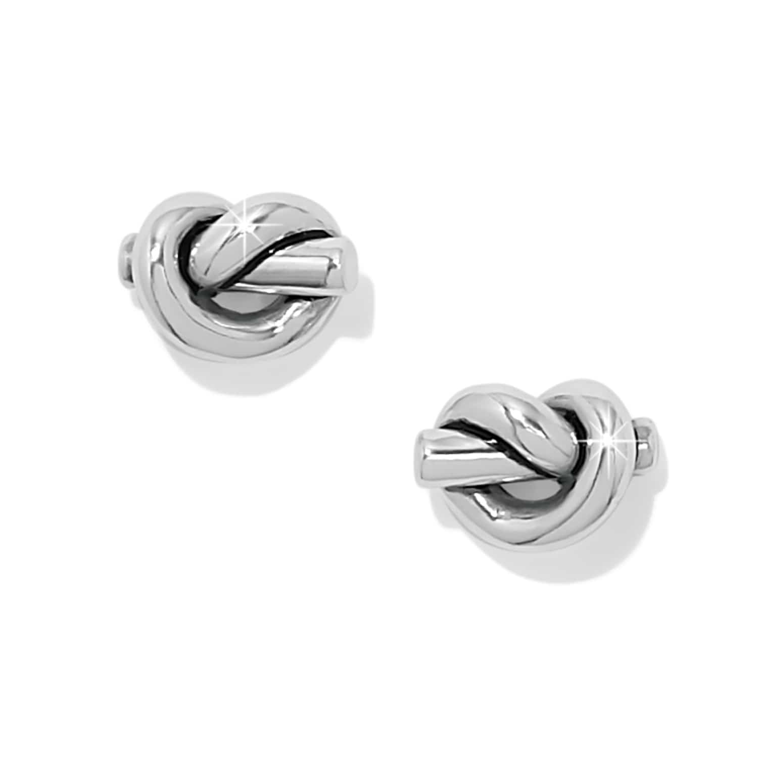 Silver knot-shaped earrings on a white background