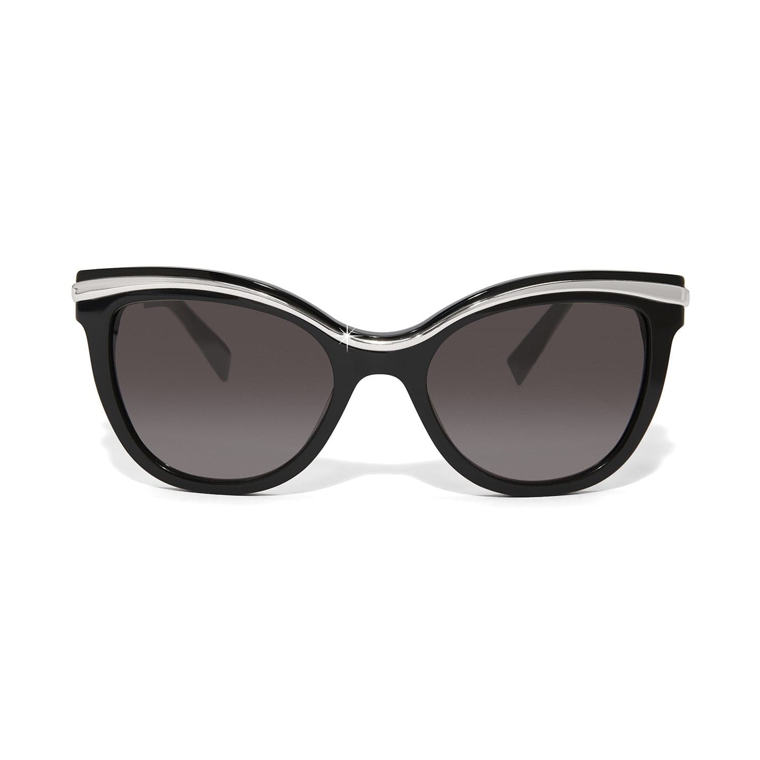 Black cat-eye sunglasses with a white stripe on a white background