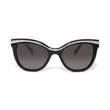Black cat-eye sunglasses with a white stripe on a white background