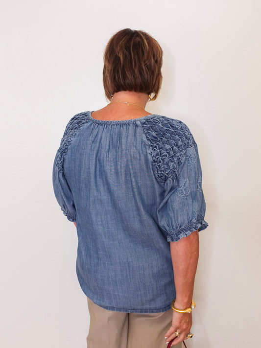 Person wearing a blue blouse with lace details on a plain background
