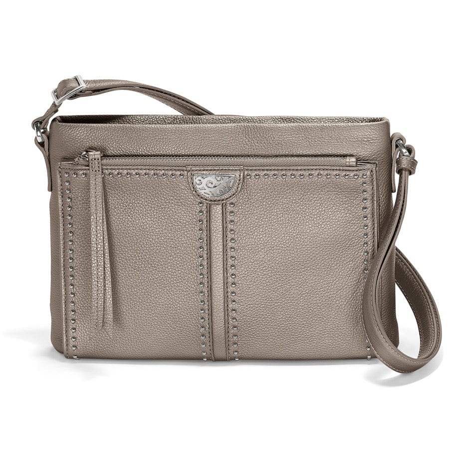 Gray leather crossbody bag on a white background