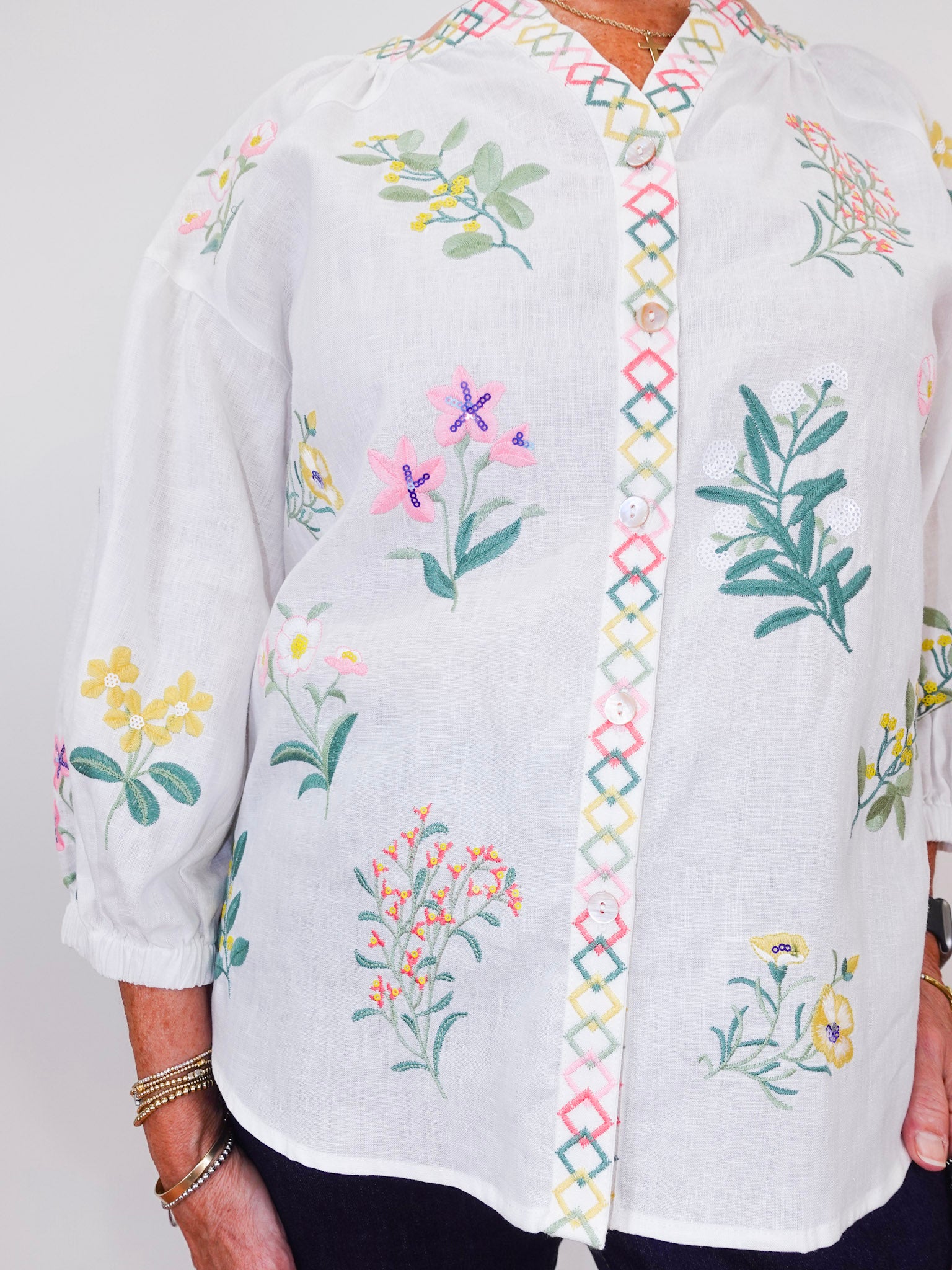 White blouse with colorful floral embroidery on a plain background