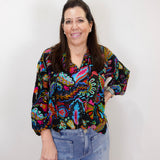 front view of the margot silvana blouse by johnny was styled casually with denim and handbag