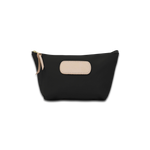 Black pouch with beige patch and zipper on a white background
