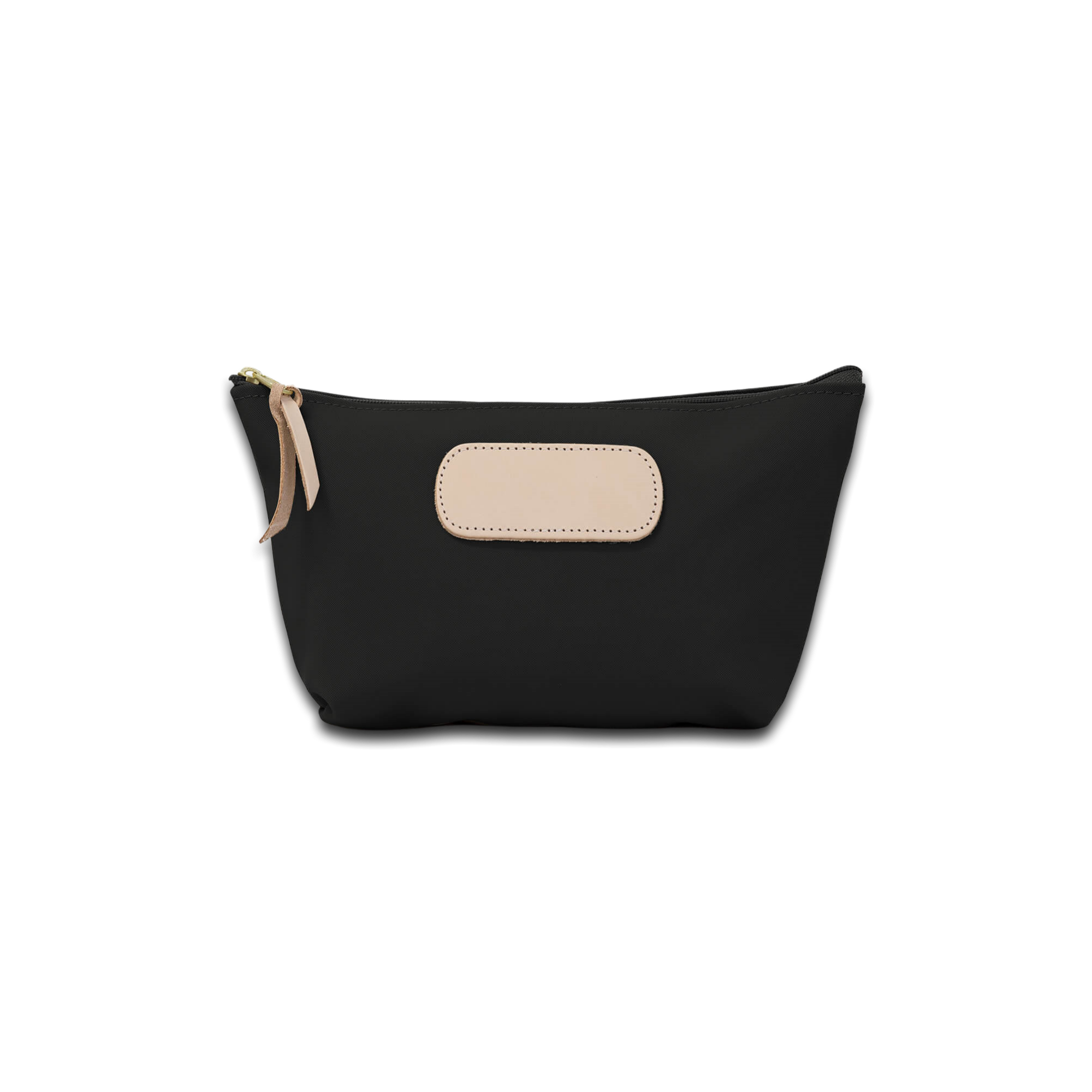 Black pouch with beige patch and zipper on a white background