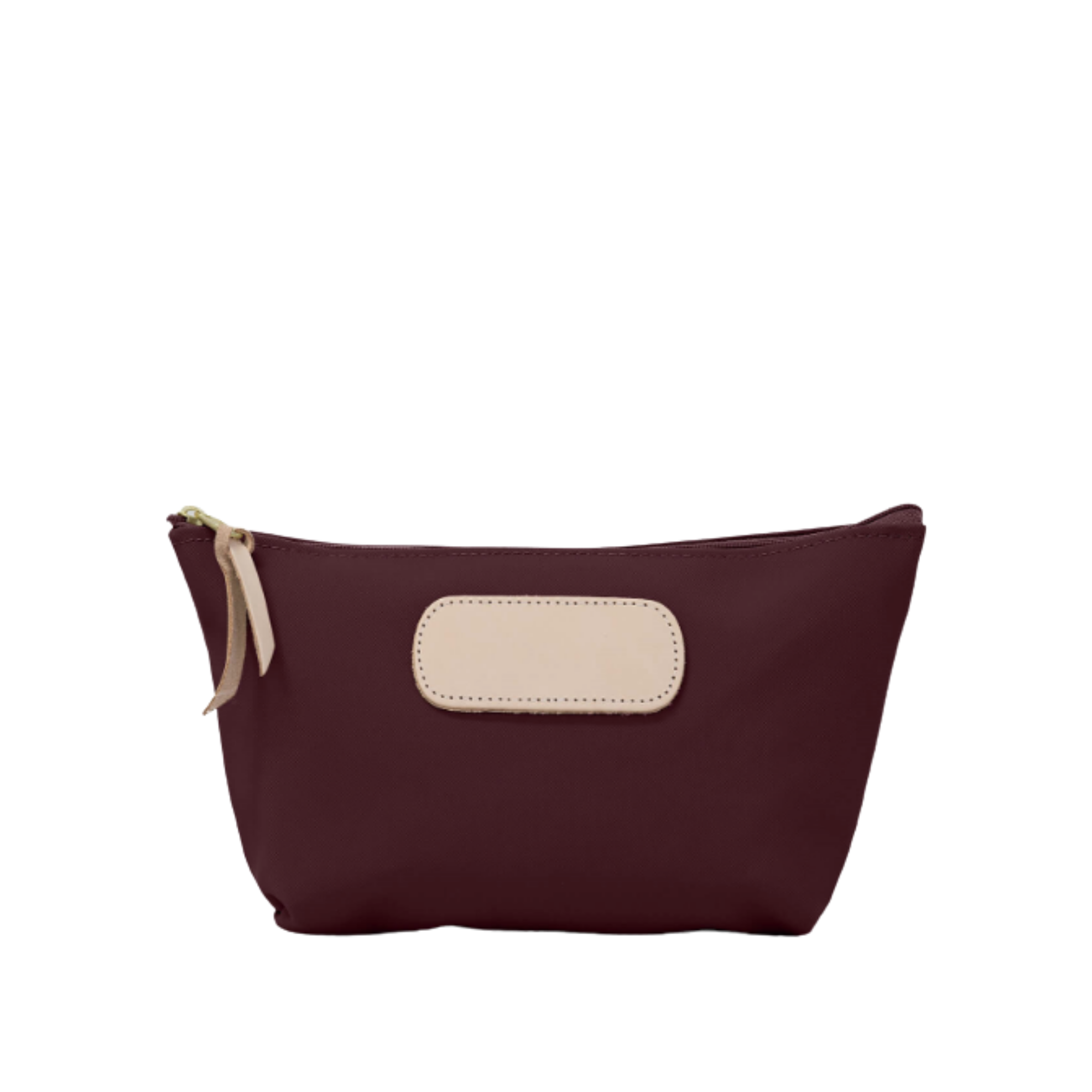 Maroon pouch with beige patch and zipper on a white background