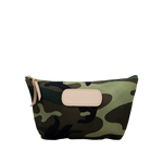 Camouflage-patterned pouch with a beige patch on a white background