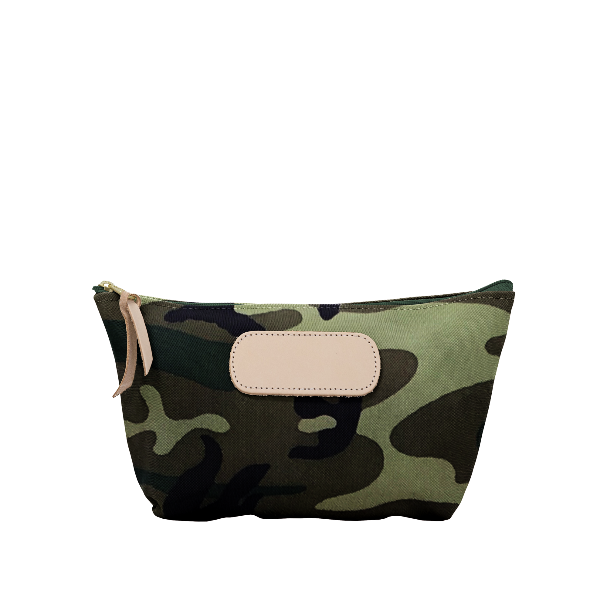 Camouflage-patterned pouch with a beige patch on a white background
