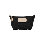 Black pouch with beige zipper and patch on a white background