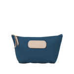 Blue pouch with beige patch on a white background