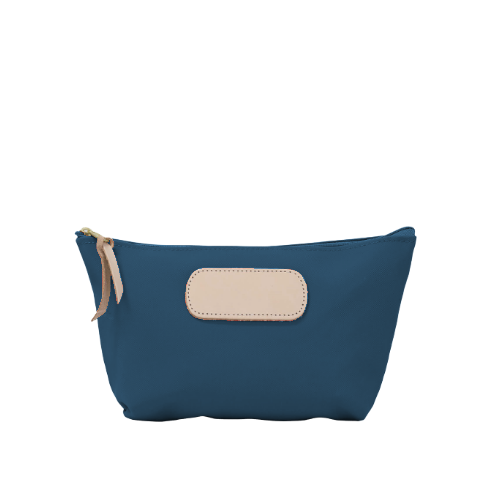 Blue pouch with beige patch on a white background