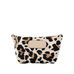 Leopard print pouch with beige flap on a white background