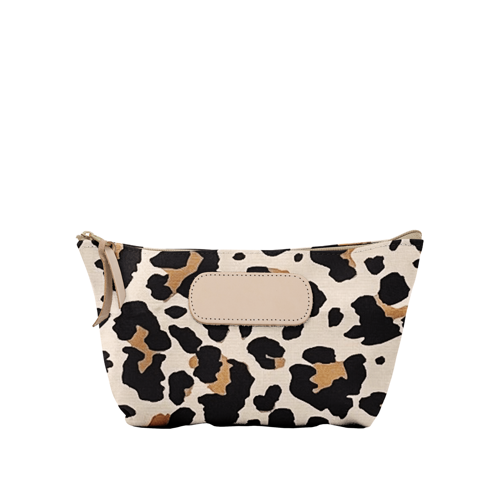Leopard print pouch with beige flap on a white background