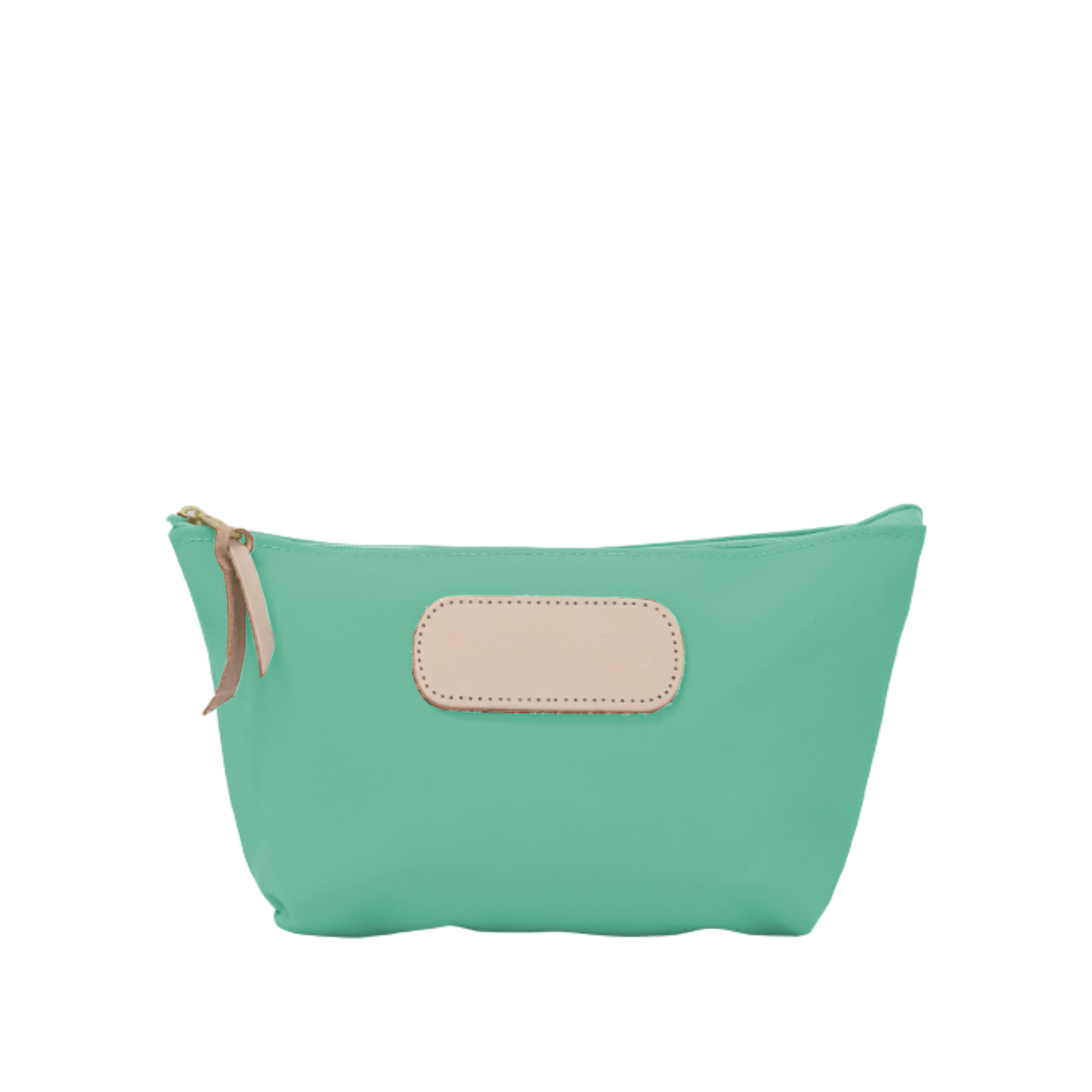 Green pouch with beige patch on a white background