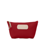 Red pouch with a beige patch and zipper on a white background