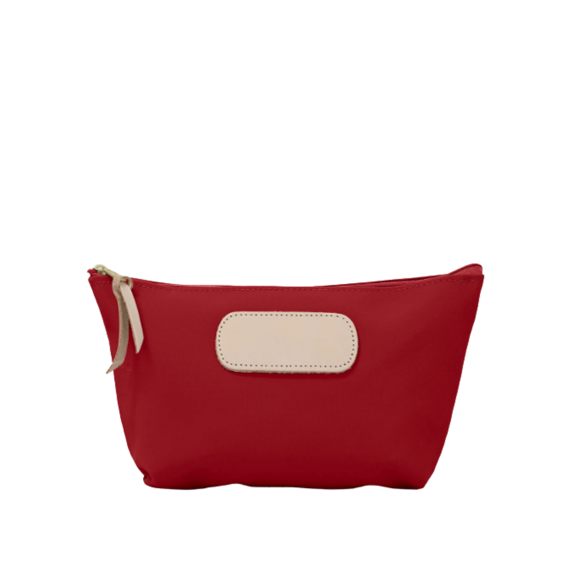 Red pouch with a beige patch and zipper on a white background